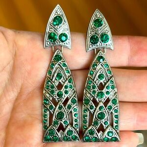 Vintage STUNNING Deco Silver and Emerald Crystal Dangle Earrings